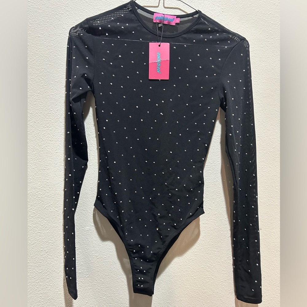 NWT Edikted Black mesh rhinestone XS bodysuit thong see through sheer s diamond